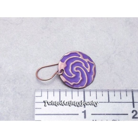 Purple Enameled Copper Swirl Disk Artisan Earrings One-Of-A-Kind Handmade - Picture 4 of 4